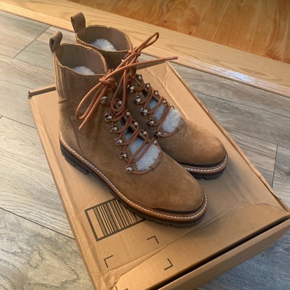 NEW MARC FISHER IZZIE LUGSOLE SUEDE LEATHER ANKLE BOOTS BROWN 6 - Picture 5 of 10